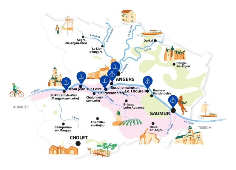 Carte illustrée de l'Anjou autour de Bellevigne-en-Layon indiquant les ports de départ pour des balades en bateaux traditionnels sur la Loire (Saumur, Gennes, La Possonnière, etc...).