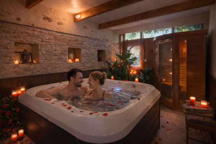 Couple profitant d'un moment romantique et relaxant dans le spa extérieur du gîte Le Relais de Mont, ambiance Saint-Valentin.