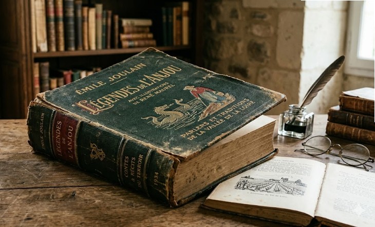 Une photographie en gros plan d'un livre ancien intitulé "Le parler Angevin, ses légendes" écrit par l'auteur Émile Joulain. La couverture est usée, de couleur jaune paille vieillie, avec le titre imprimé en rouge foncé et en noir. On devine une illustration stylisée d'un paysage d'Anjou ou d'un personnage local. Le livre est posé sur une surface en bois rustique, légèrement poussiéreuse, et la lumière douce du jour vient frapper le grain du papier ancien. La texture du vieux papier et la reliure fatiguée sont clairement visibles.