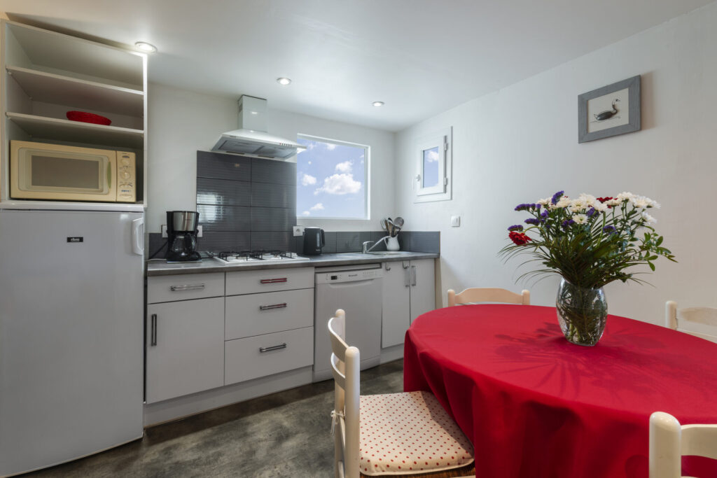 Pièce de vie lumineuse avec cuisine moderne aménagée et salon confortable pour 4 personnes.